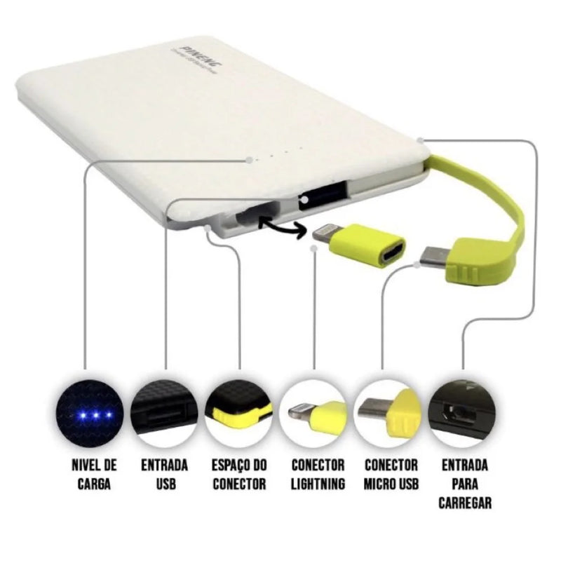 Carregador Portátil Pineng Power Bank 10.000mah,5000mah com adaptador iPhone,V8